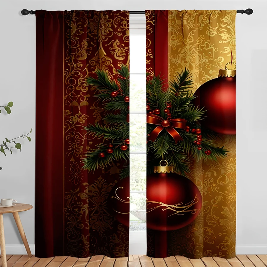 2PCS Digital Print Curtains, Red Gold Luxury Pine Branches Berries Bow Baubles Damask Background, Opulent Elegant Style - Christ