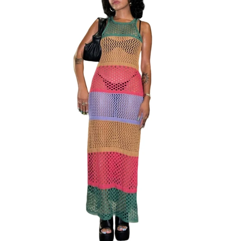 Sexy See Through Knitted Dress Fashion Women Sleeveless Tank Maxi Dresses 2023 Female Patchwork Elegant Beach Holiday Long Robes