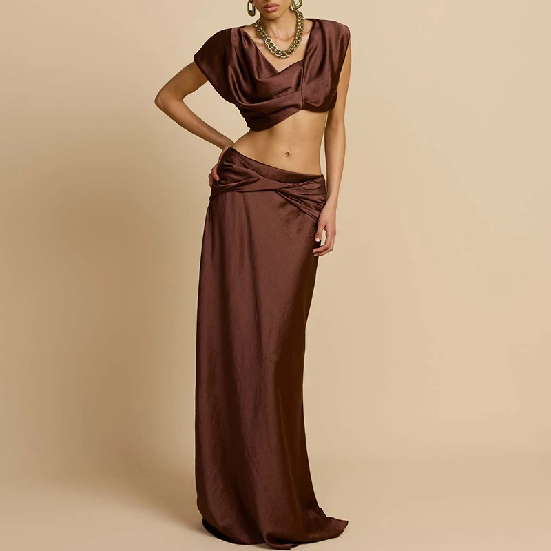 ハイウエストロングスカートセット サテン おへそ出し スリムフィット レディース パーティー ツーピースセット 春夏 ホローセクシー ホリデースーツ