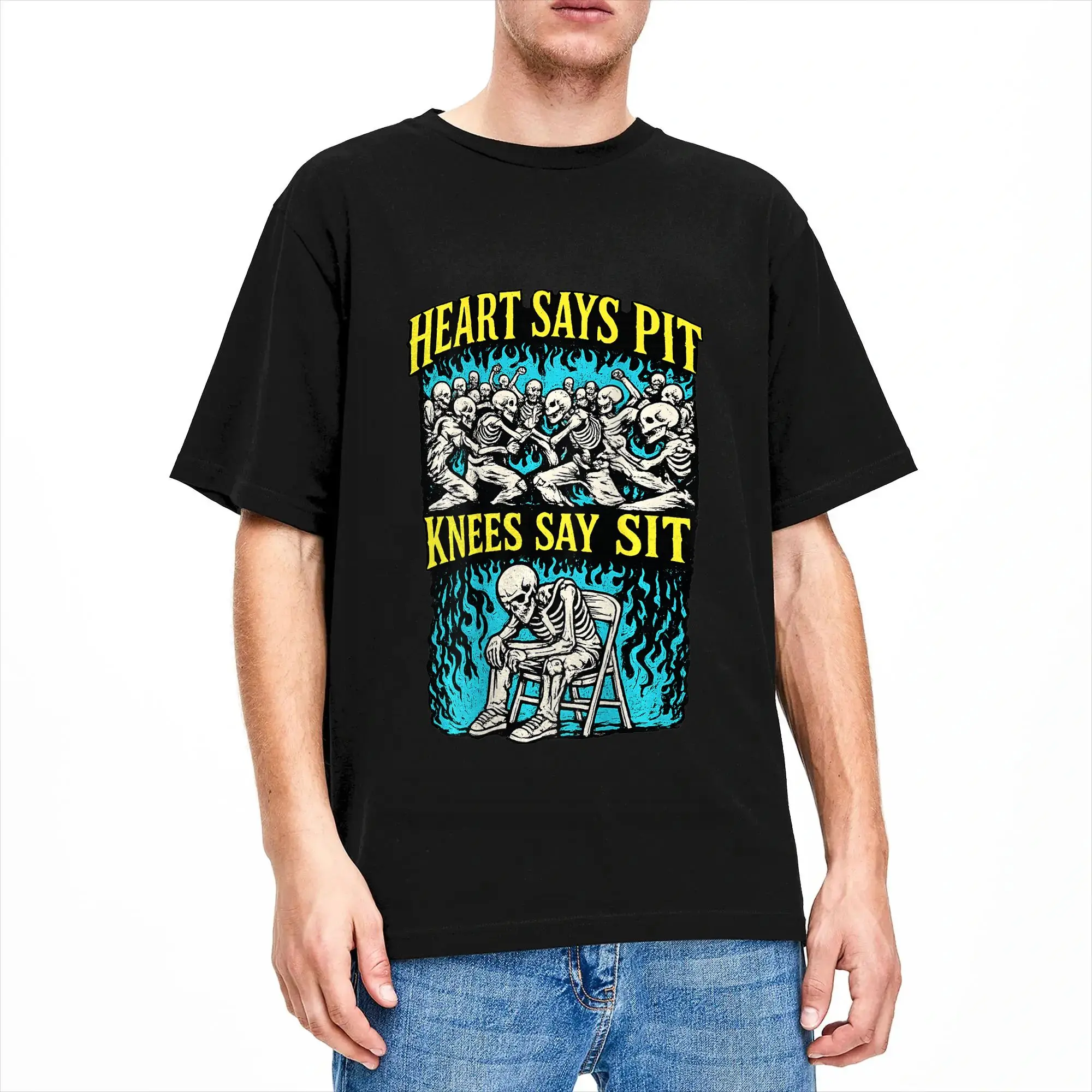 Streetwear T-Shirt Heart Says Pit Knees Say Sit Skeleton Cotton T-Shirts  Novelty Tshirt for Adult Summer Short Sleeve Tees,