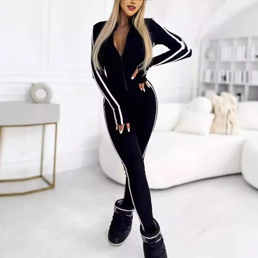 Women Sport Jumpsuit Striped Zipper Closure Long Sleeve Sport Jumpsuit Solid Color Elastic Mid Waist Skinny Gym Fitness Outfit