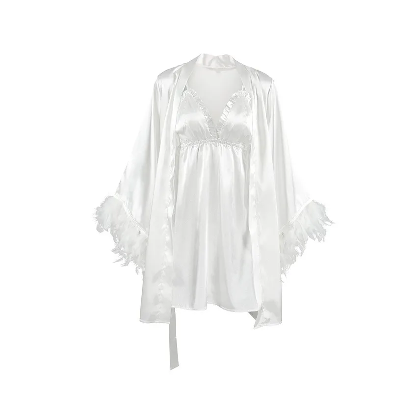 Two Set Feather Sleeve Set European and American Style with Autumn Winter Pajamas Summer No Collar Spring for Women