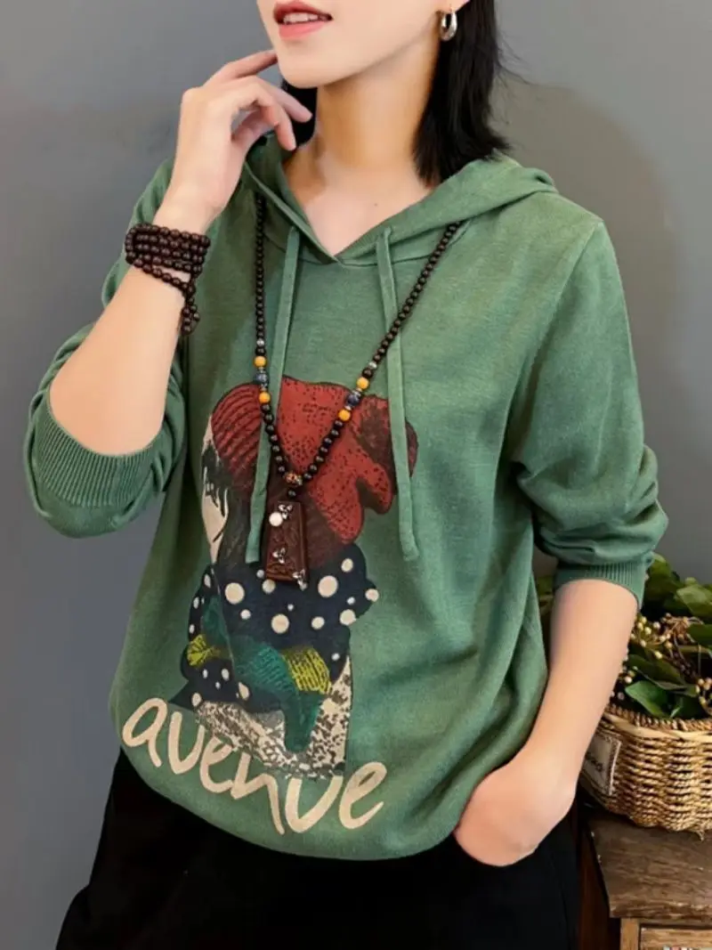 High-End-Teddybär-Kapuzenpullover für Damen, 2025, neuer Herbst, lockeres und vielseitiges, temperamentvolles, bedrucktes Strickpullover-Oberteil