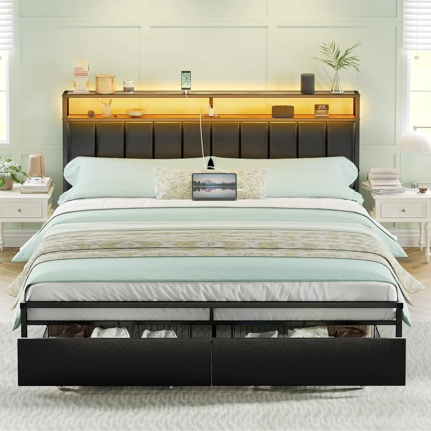 LED bed frame with drawers, extra large bed frame with 2 layers of storage space and leather cushion, easy to assemble, black