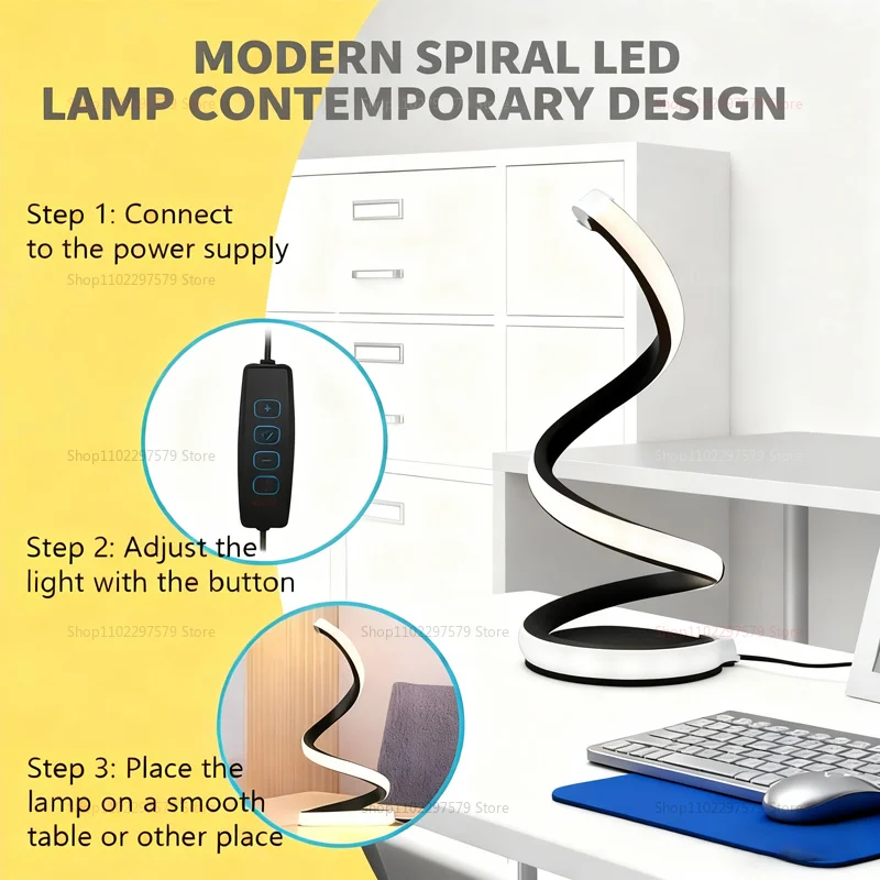 2025LED مصباح مكتبي بإضاءة ليلية حلزونية، قابل للتعديل لغرفة النوم وغرفة المعيشة والمكتب والإضاءة المضيئة الزخرفية الصديقة للبيئة.