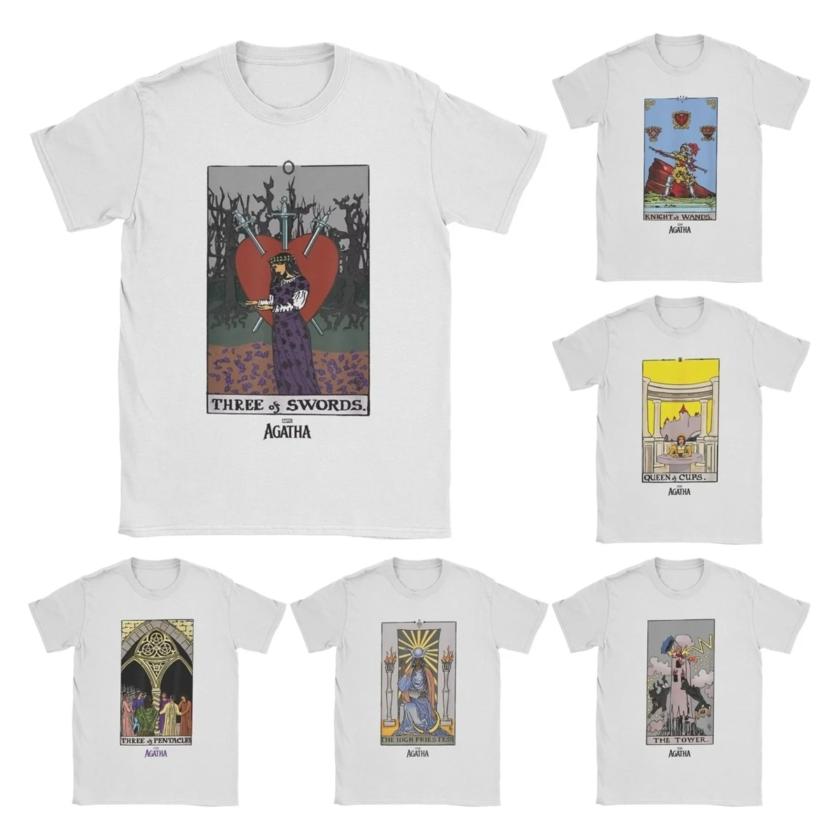 Unique Agatha All Along Three Of Swords T-Shirt Men Crew Neck Pure Cotton T Shirts Vintage Tarot Short Sleeve Tees New Clothing