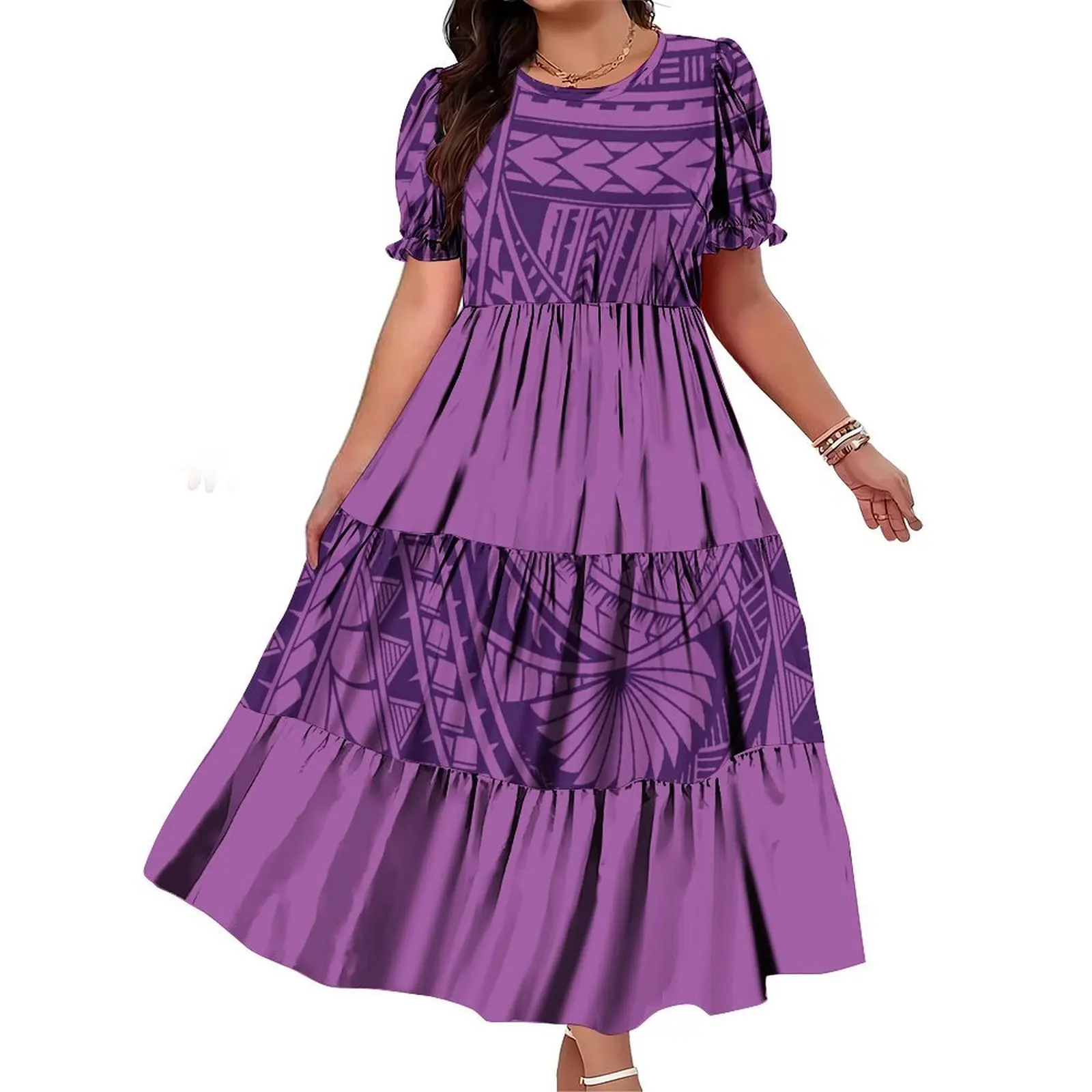 1개 최소 주문량 도매 맞춤 디자인 플리츠 드레스 폴리네시아 여성 드레스 멀티 티어드 퍼프 반팔 파티 드레스 뉴질랜드 드레스