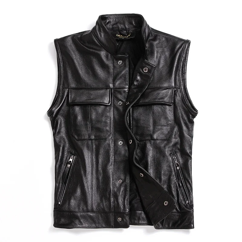 

Free shipping,Brand new style cowhide vest.100% black Genuine leather men slim vest.motorbiker mens vests,quality sales,