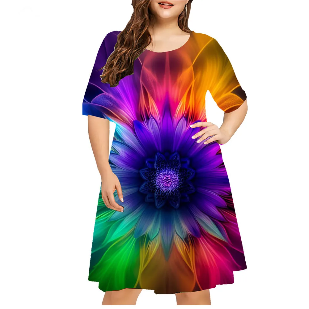 2024 Fashion Women's Dress Summer Colorful Flower O-Neck Loose Short Sleeve Dress Casual 3D Print Loose Mini Dress Plus Size 9XL