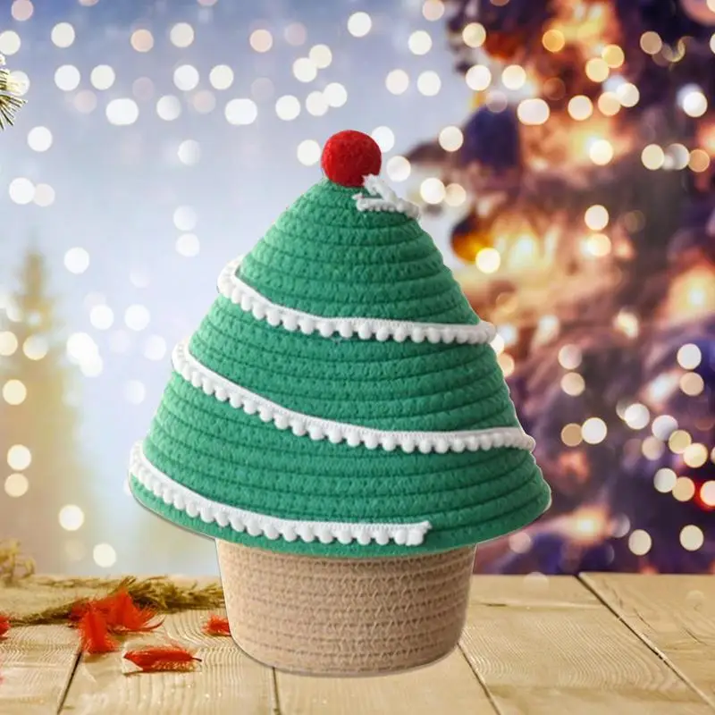 Cesta de almacenamiento tejida, cesta de almacenamiento de cuerda de árbol de Navidad con tapa, estante, organizador de almacenamiento tejido, cestas de almacenamiento decorativas
