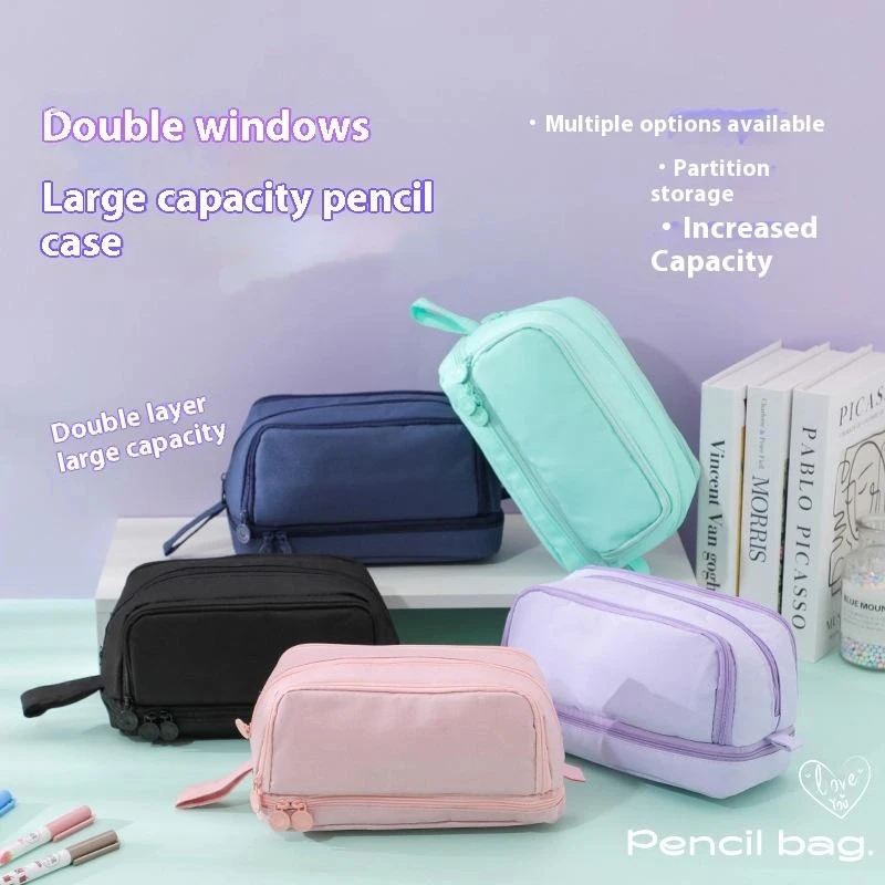 مقلمة متعددة الطبقات ذات سعة كبيرة بألوان معكرونة - مثالية للطلاب وتنظيم القرطاسية المدرسية