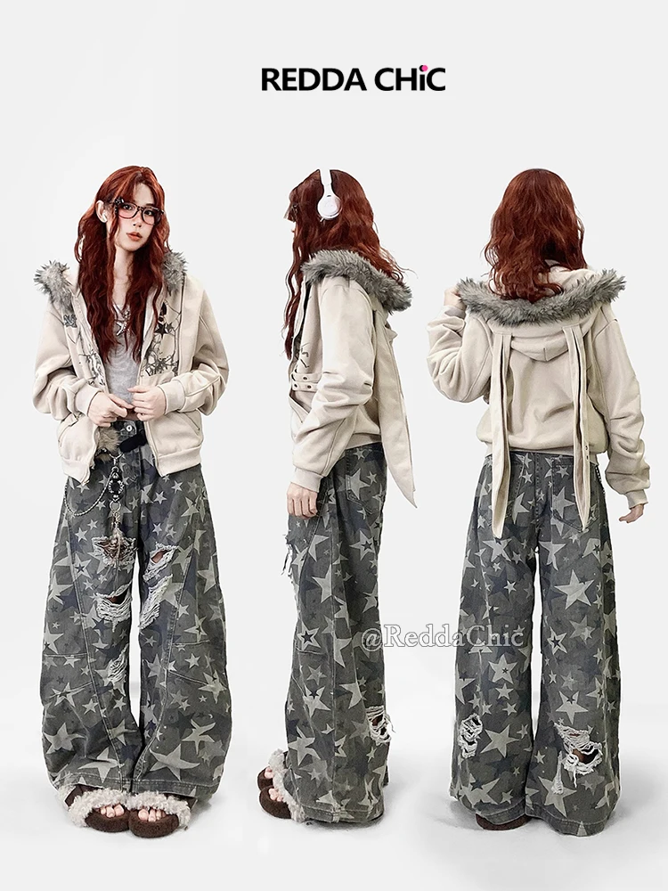 REDDACHiC Star Pattern Camouflage Jeans for Women Retro Y2k Low Rise Wide Leg Torn Ripped Denim Barrel Pants Harajuku Streetwear