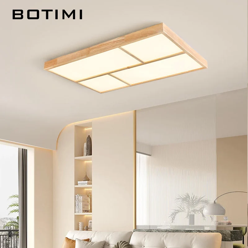 BOTIMI Rectangle Wood LED Ceiling Lights With Remote Control For Foyer Square Wooden Surface Mounted Bedroom Ceiling Lamps