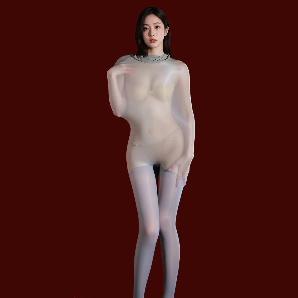 Women 5D Thin Bodysuit Open Crotch Oil Glossy Shiny Elastic Pantyhose Tights Body Stocking High Waist Body Leggings Maid Leotard