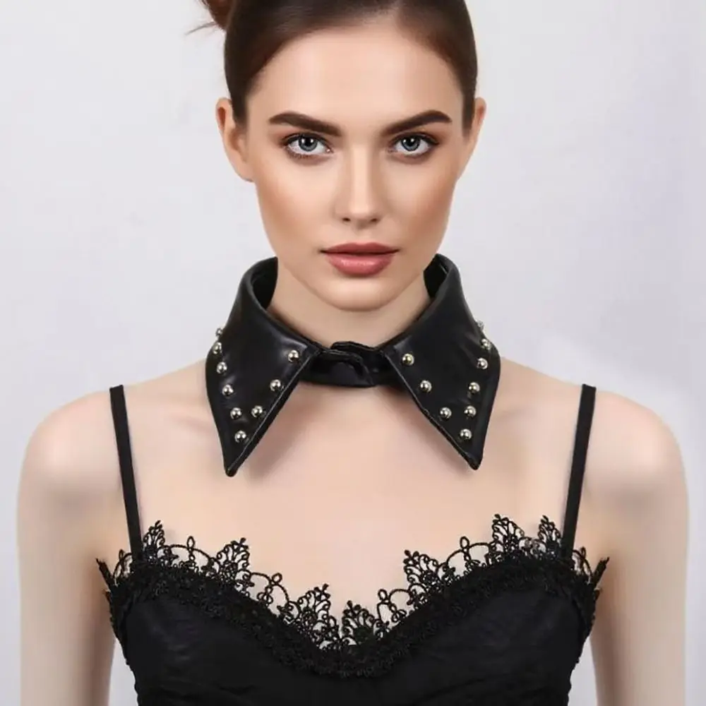 

Costume Accessory Detachable Black Leather Fake Collar Nail Beaded Pu Rivet Collar Stand Collar Metal Punk Style Collar Sweater