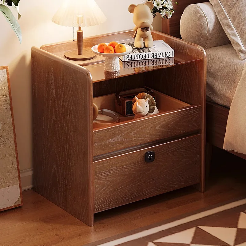 Solid wood bedside table Simple modern home bedroom Bedside rack with fingerprint lock Locker Small safe