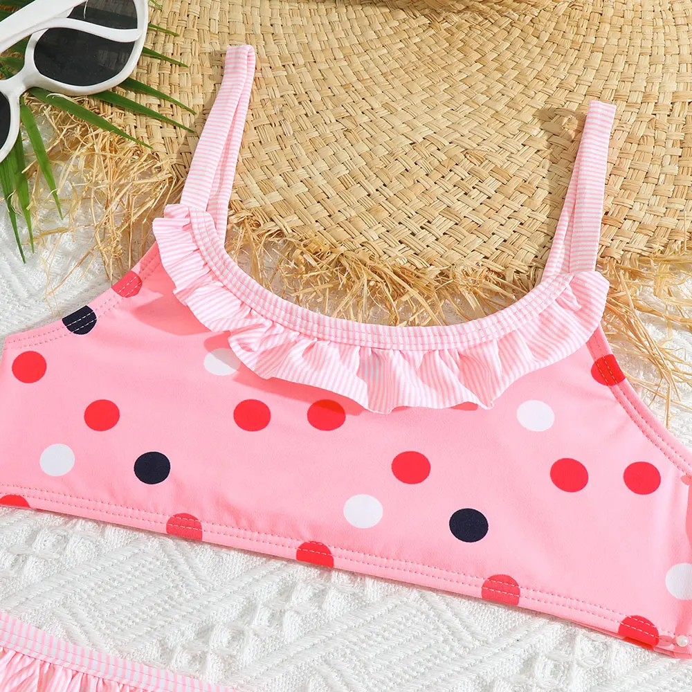 5-12 Years Little Girl Bikini Swimsuit Kids Polka Dot Print Two Piece Children's Swimwear Ruffle Trim Swimming Bathing Suit 2023