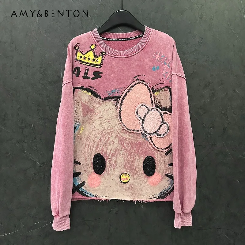 Veste sweat-shirt à col rond pour femme, ample, Style décontracté, doux, rajeunissant, dessin animé, nouvelle collection automne 2025