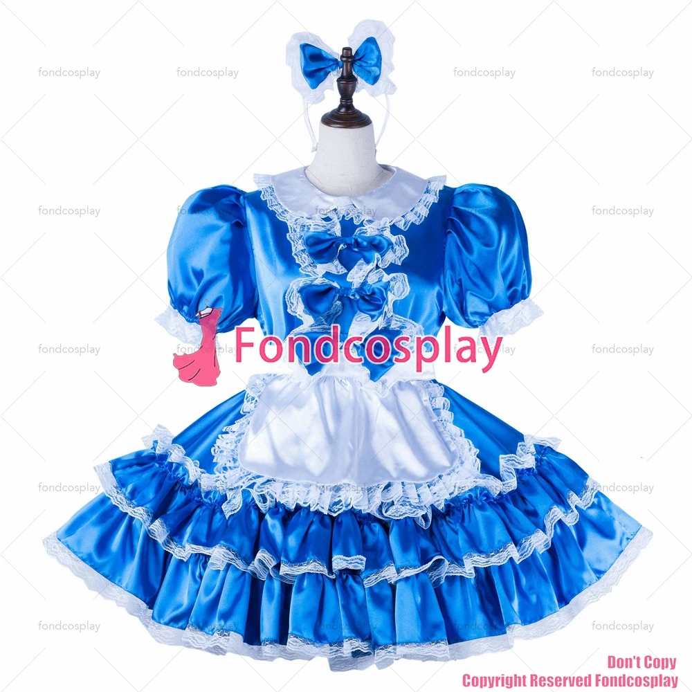 fondcosplay sexy cross dressing sissy maid blue satin dress lockable Uniform white apron Peter Pan collar CD/TV[G2262]