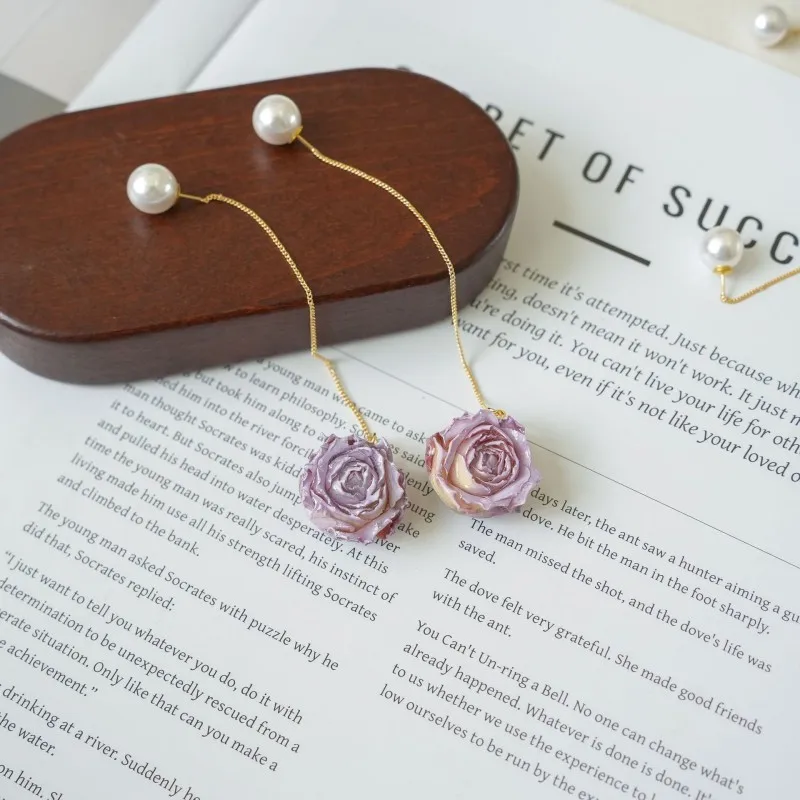Immortal Rose Flower Series Long Earrings Elegant Epoxy Resin Natural Rose Flowers Earrings Colorful Rose Long Ear Line Earrings