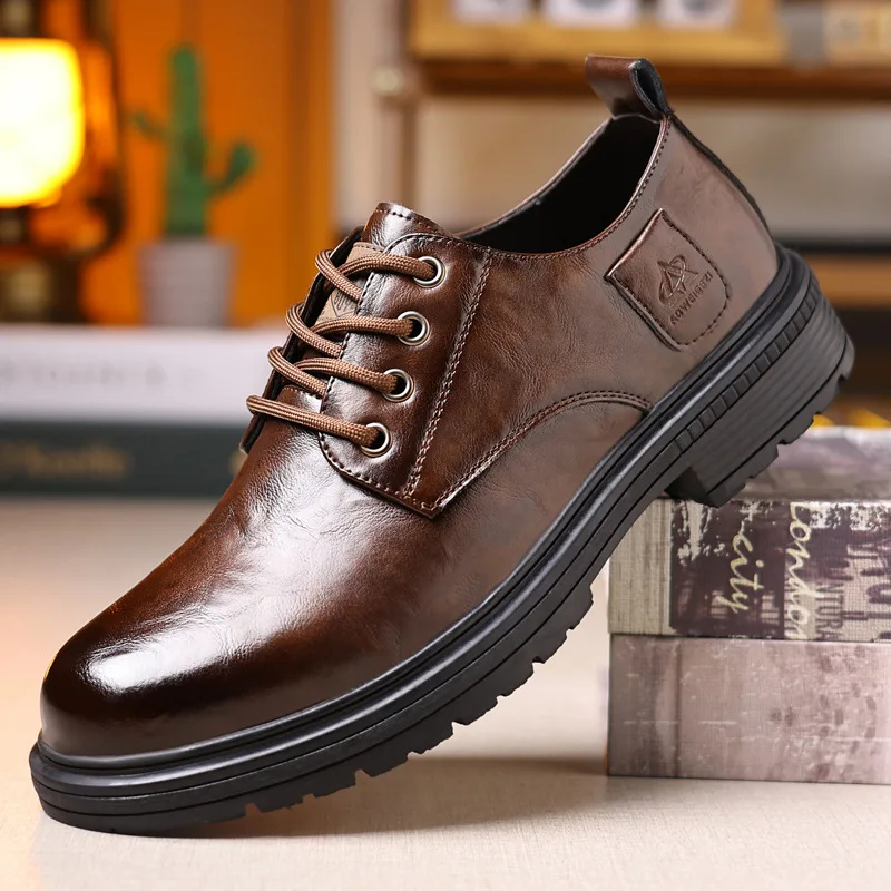 

Men's Chunky Sole Work Boots British Retro Style Platform Casual Shoes Comfortable Non-Slip Leather Ankle Boots Fashion Footwear