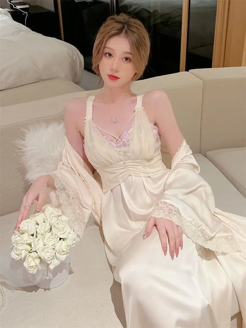 Long Princess Style Home Dress Suit Satin Women Sexy Lace Slip Nightgown Wedding Moring Gown Loungewear Long Kimono Bathrobe