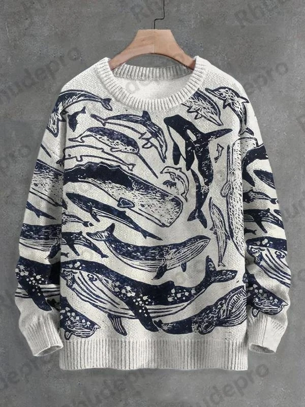 Men's Whale And Fish Linoleum Art Print Knit Sweatshirt Pullover Sweater Women For Men Sweater Roupas Masculinas - view 5