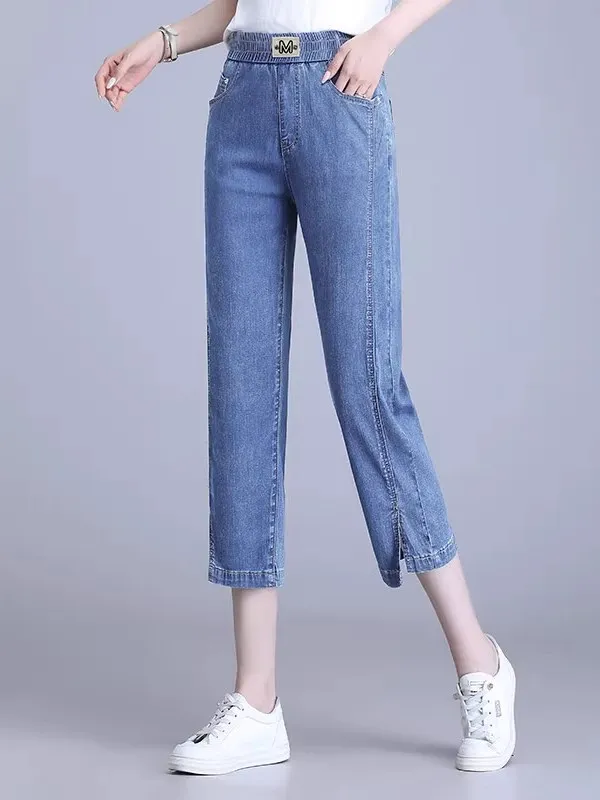  Denim Jeans Women's Spring Fashion 2025 New Mid-aged Mom plus Size Elastic Waist Straight Ice Silk Pants Nine Points