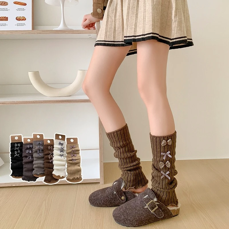 

Гетры с милым бантом в стиле Лолиты для девочек, весенние чехлы для ног в стиле ретро, балетный стиль, осень-зима, однотонные вязаные теплые высокие носки до бедра