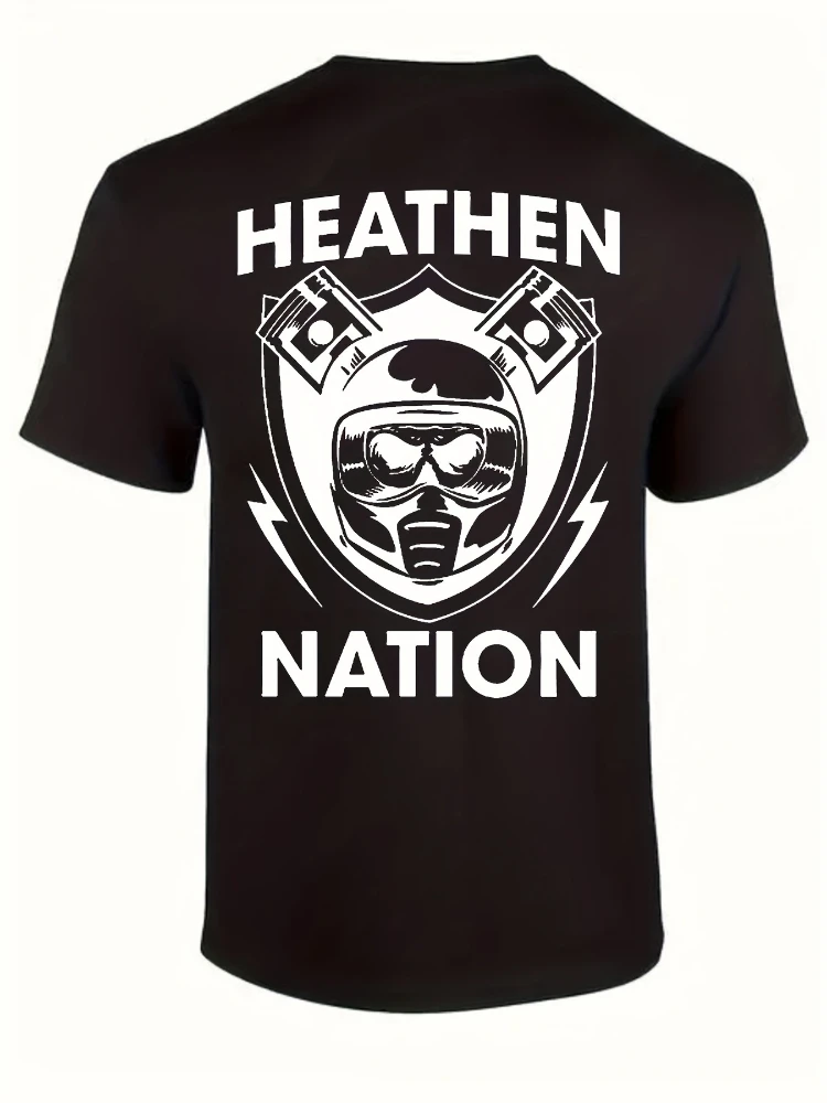 

Men's 100% cotton pagan national skull motorcycle helmet and cross sword graphic print, motorcycle round neck T-shirt.