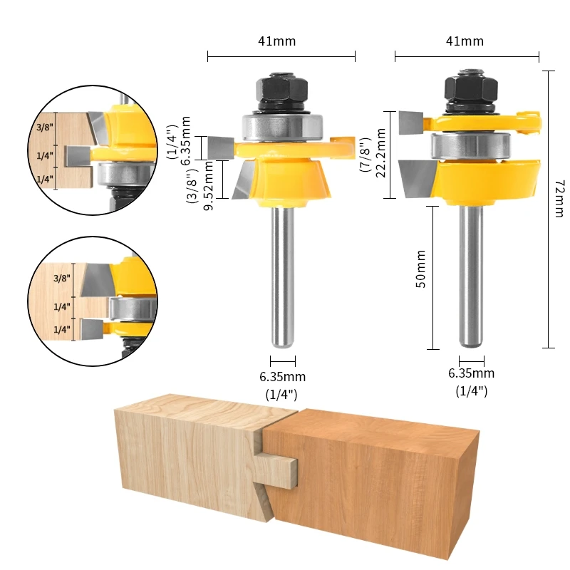 YUSUN 2PCS 15° Reversible Stile&Rail Assembly Chamfer Cttter Router Bit Woodworking Milling Cutter For Wood Tools