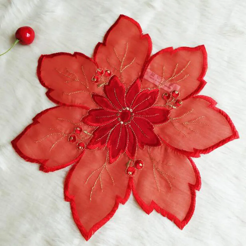 HOT red Christmas Poinsettia flower embroidery table place mat cloth coaster placemat kitchen Table decoration and accessories