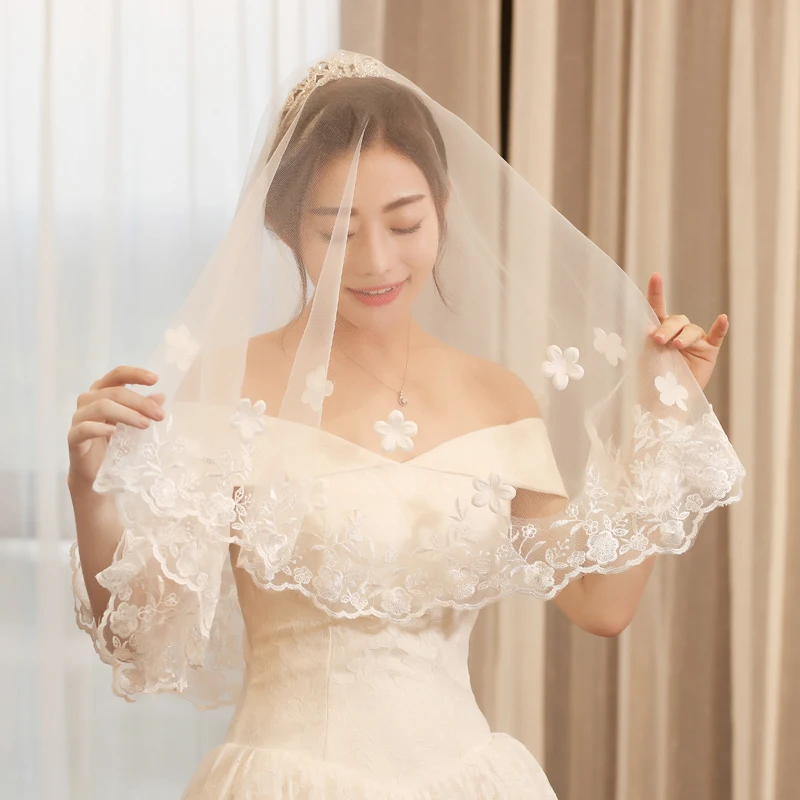 3M One ชั้นขอบลูกไม้งาช้างแต่งงาน Wedding Veil เจ้าสาวยาว Veil ราคาถูกอุปกรณ์จัดงานแต่งงาน