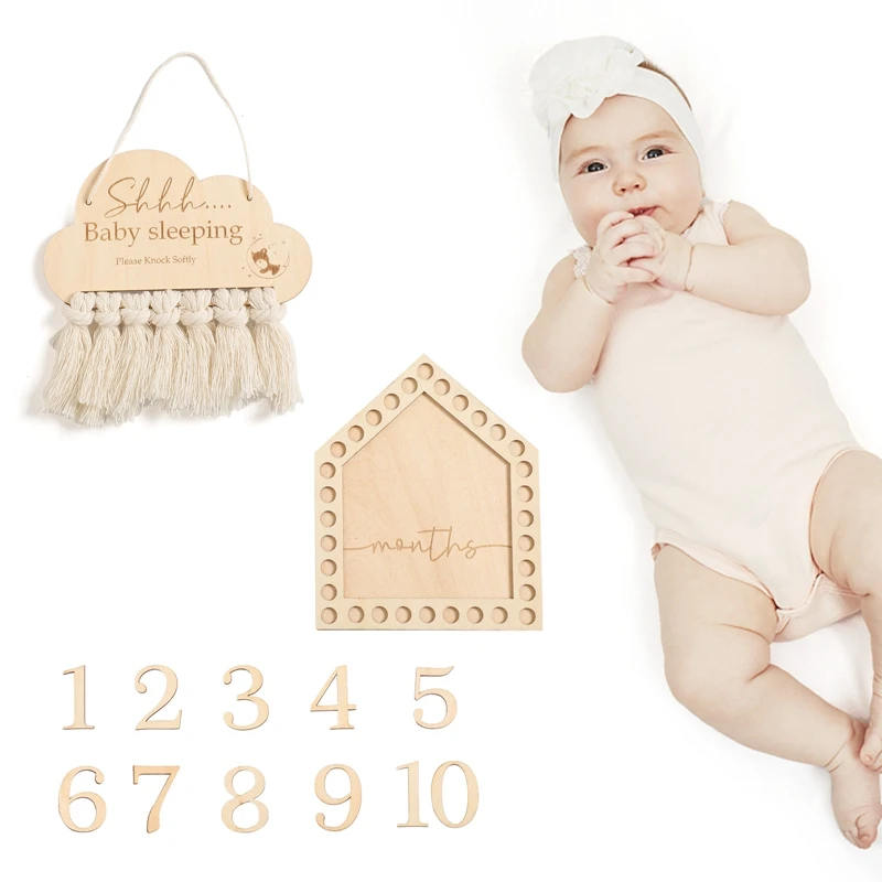 Wooden Baby Milestone Card Newborn Monthly Growth Tassel Cards Baby Birth Commemorative Cards Photography Props Accessories Gift