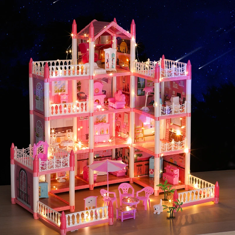 Doll Houses 3D Assembled DIY Miniatures Dollhouse Accessories Villa Princess Castle with LED Light Girl Birthday Gift Toy House