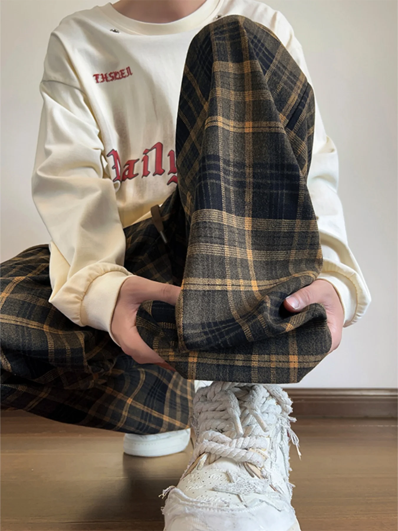 Lazy Design Koreaanse stijl herfst en winter nieuwe fleece gevoerde dikke geruite broek voor dames, losse casual veelzijdige afslankende warme fleece gevoerde wijde broek met hoge taille voor dames