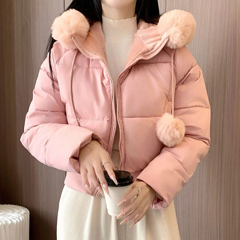 Warm Pink Women Puffer Coat Faux Fur Hood Cropped Padded Zip Up Short Jacket Pom Pom Drawstring Thick Winter Outerwear Top