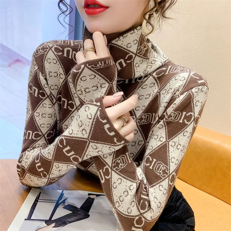 Women Elegant Fashion Letter Color Blocking Jumpers Top 2024 Spring New Turtleneck Slim All-match Knitting Sweater Lady Pullover