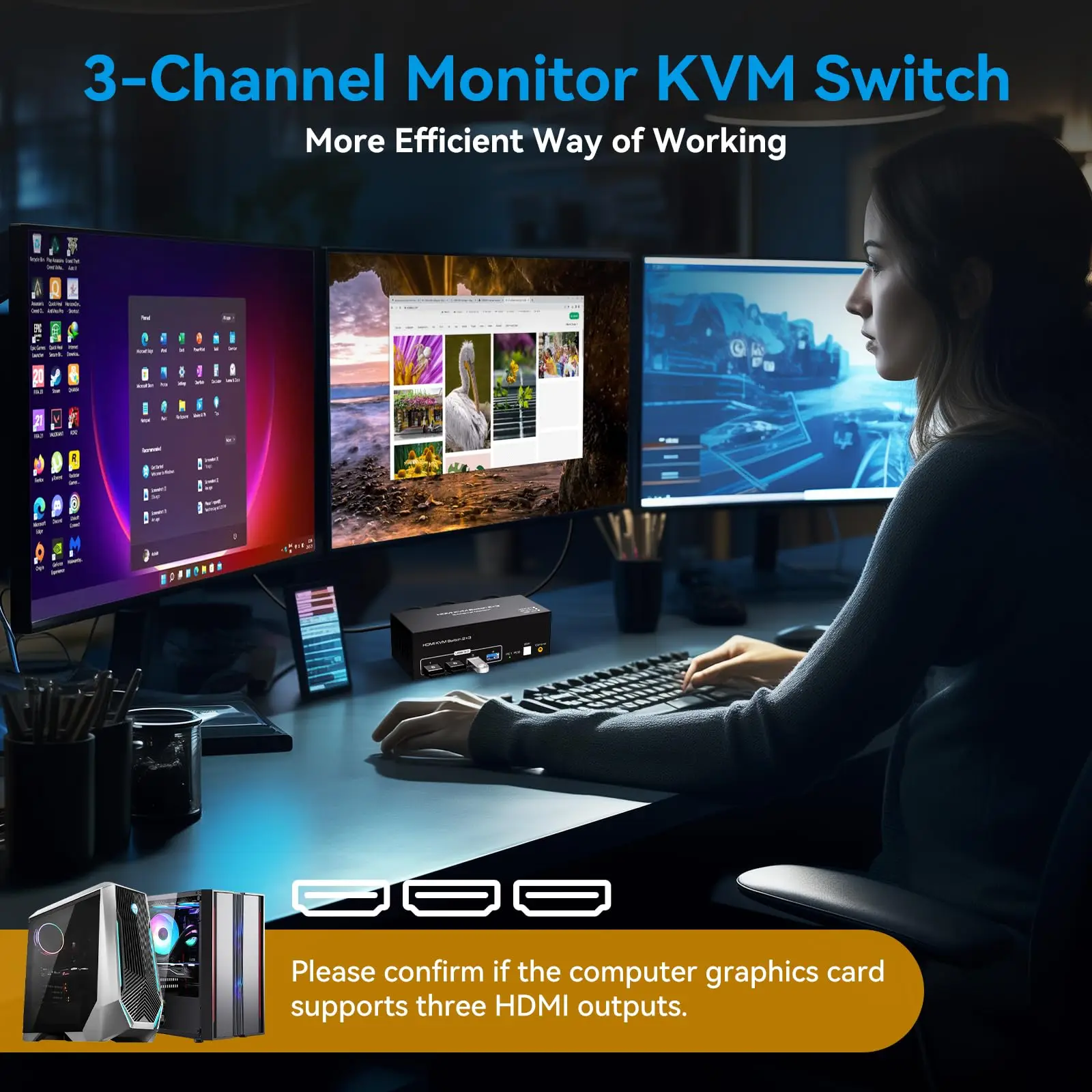 8K @ 60Hz HDMI KVM Switch 3 Monitor 2 komputer USB 3.0 KVM Switch Triple Monitor Share 1 Set Keyboard Mouse Printer Scanner