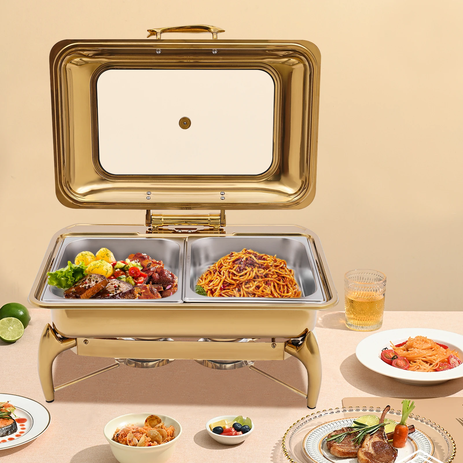 طقم بوفيه أطباق الغضب مستطيل ذهبي سعة 9 لتر، طبق تقديم للمطبخ وتناول الطعام - 90 °   زاوية الفتح، 58.5x44x30 سم