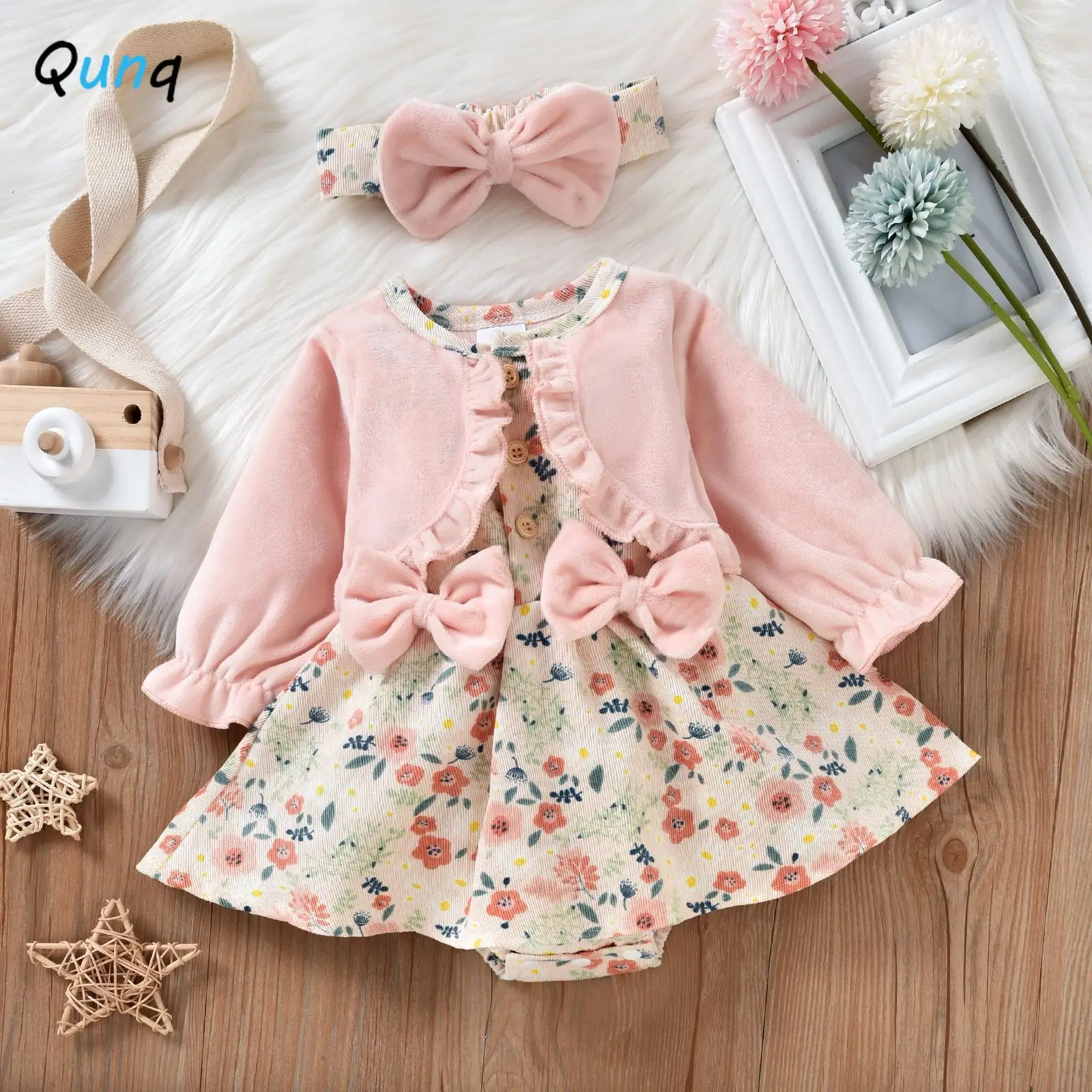 Qunq 2023 Autumn New Girls Long Sleeve Bow Patchwork Print Dress Rompers + Hair Band 2 Pieces Set Casual Kids Clouthes Age 1T-3T