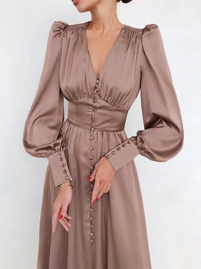 Elegantes Satinkleid Frühjahrskleidung Damen 2026 Puffärmel Einreihiges Maxikleid OL-Stil Büro-Look A-Linien-Kleid