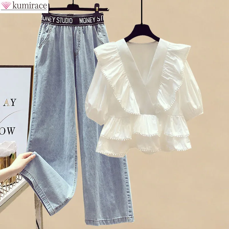 Summer Elegant Women's Pants Set Pleated Chiffon Shirt Top Sports Jeans Two-piece Set Trouser Suits Female Clothing Tracksuit