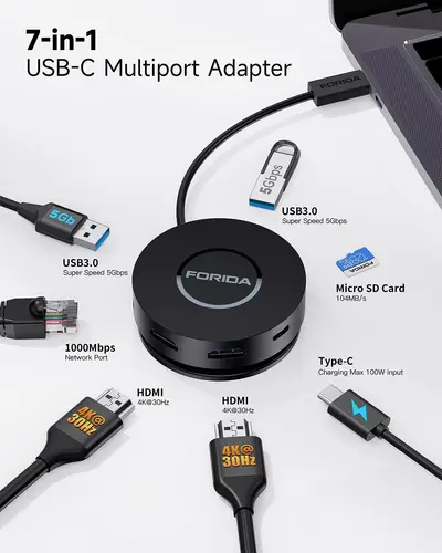 Mini estación de acoplamiento 7 en 1 USB C HUB Dual 4K HDMI 1000Mbps Gigabit Ethernet USB C 3,0 Hub para ordenador portátil/MacBook/Dell/Lenovo