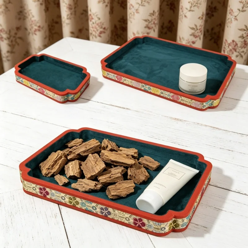 Palace Style Wooden Brocade Jewelry Tray, Floral Corner Viewing Plate, Eid Gift Organizer for Jade Bangle & Hand Chain
