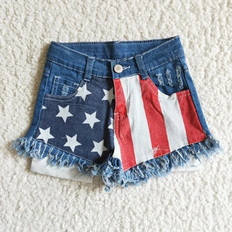 Wholesale Baby Girl July 4th Denim Kids Children Toddler Pocket Button Stars Stripes Shorts Jeans Elastic Clothes