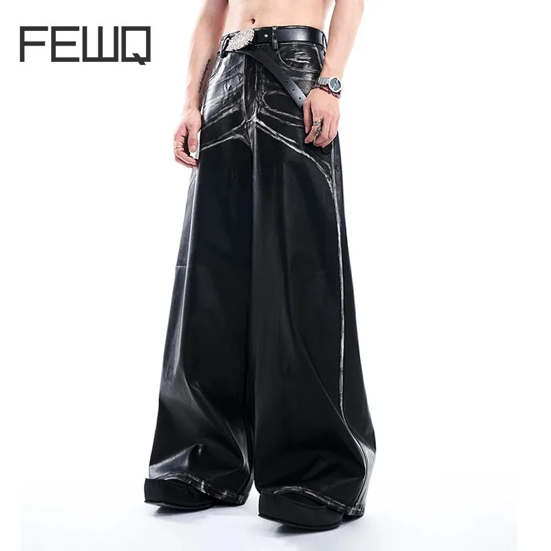 FEWQ PU Leather Men\'s Casual Pants Autumn Winter Wide Leg 2024 Darkwear Patchwork Loose Male Trousers Korea Fashion 24E2711