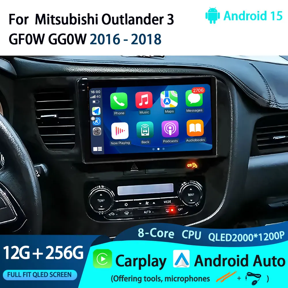 Android 15 Wireless CarPlay Auto For Mitsubishi Outlander 3  GF0W GG0W 2016 - 2018 Car Radio Multimedia Video Player 4G GPS NAVI