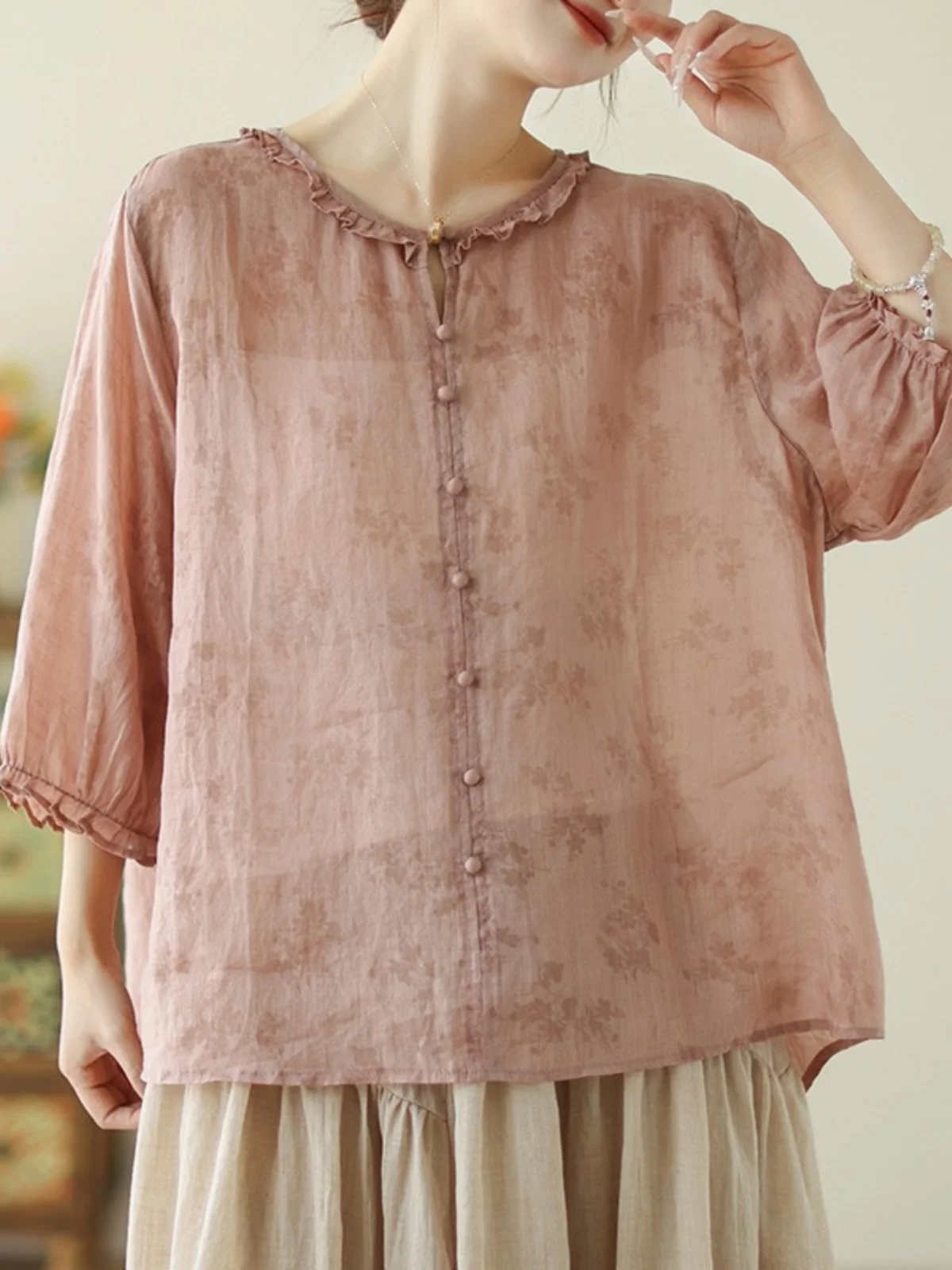 

Retro Dyed Print Flax irt Women Summer Unique Design Lace Collar Seven Sve Linen Small Top Commute Sle Loose Fit