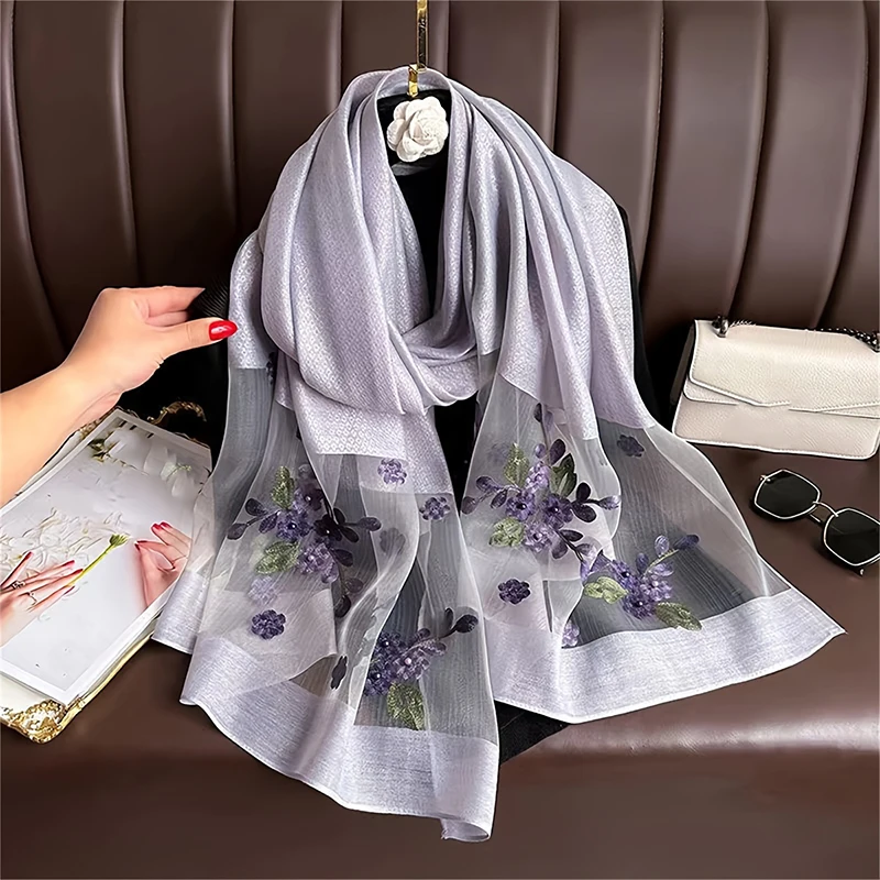 Women Silk Wool Scarf Floral Embroidery Hijab Female Foulard Spring Summer Thin Pashmina Shawls Wraps Bufanda Headscarf Stoles